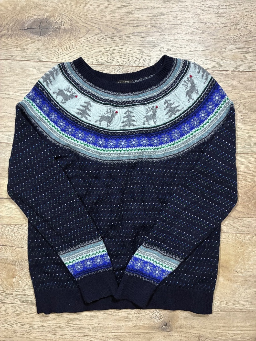 Talbots Petites Fair Isle Reindeer Lambswool Blend Sweater Navy LP